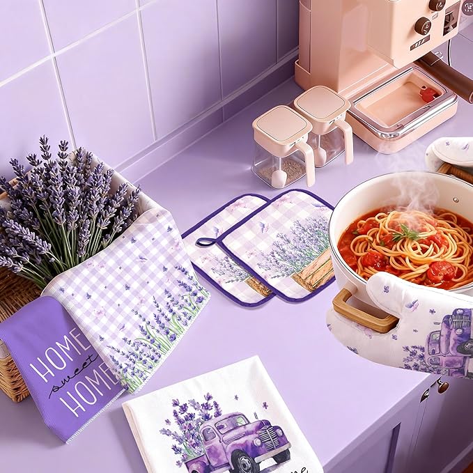10 Pcs Farmhouse Lavender Kitchen Decor and Accessories Set 4 Kitchen Towels 2 Pot Holders 2 Oven Mitts 2 Rugs for Cooking Baking Mom Housewarming Gifts(Purple,Lavender)
