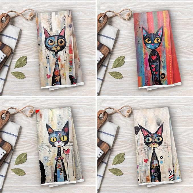 Black Cat Kitchen Towels Set - Whimsical Cat Lovers Waffle Decorative Dish Towels, Whimsical Abstract Hand Towel, Black Kitten Tea Towel, 16x24 Inch