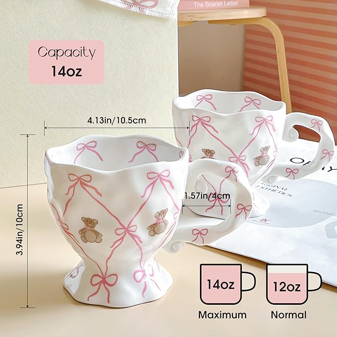 Cute Coffee Mug with Pink Bow Bear, Handmade Kawaii 14 oz Ceramic Mug for Tea Milk Latte Cocoa Funky Novelty Porcelain Cup Birthday Mothers Day Gifts for Women, Valentines Day Gifts for Her