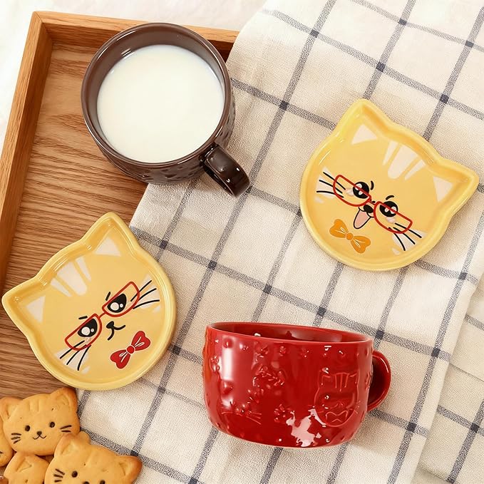 Cididu Set of 2 Cute Cat Mug with Lid, 10 Oz Ceramic Coffee Milk Mugs with Coaster, Kawaii Tea Cup for Cat Lovers, Novelty Breakfast Mugs Birthday Gifts for Girls Women Mother's Day Animal Lovers