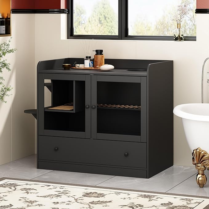 Extra Large Cat Litter Box Enclosure Furniture Hidden, Cat Condo Cabinet Pet House with Stairs for 2, Nightstand Side Table witha Large Drawer for Living Room, Black