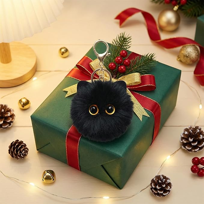 Cute Black Cat Plush Keychain - Kawaii Bag Charm, Soft Cat Pom Pom Keychain for Backpack Purse Keys, Birthday Gift for Women Girls Cat Lovers