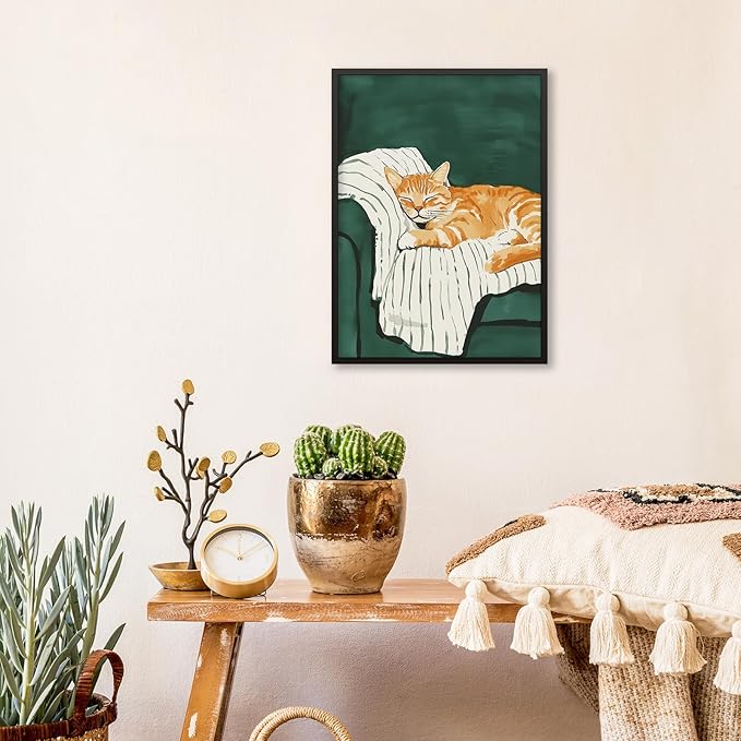 Sleeping Orange Cat poster Green Aesthetic Wall Art Preppy Funky Cute Animal Canvas Painting Gift For Cat Lover 12x16 inch Black Framed for Cozy Room Wall Decor
