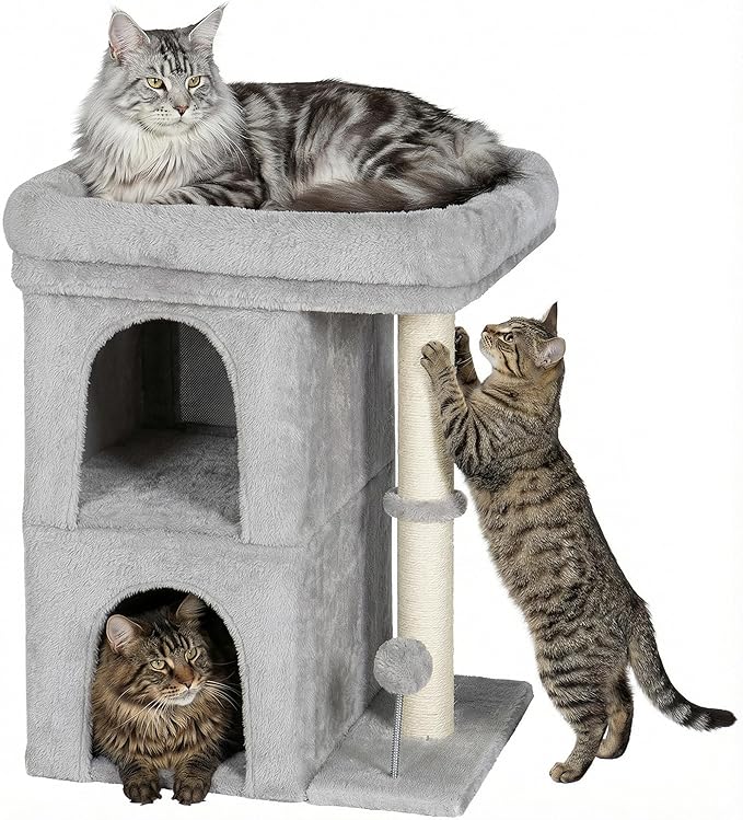 Aechonow 24in Cat Tree Tower with Scratching Post, 19 * 16.5in Window Perch Bed for Large Adult Cats, 2 Small Condo Cubbies for Indoor Kittens, Light Gray