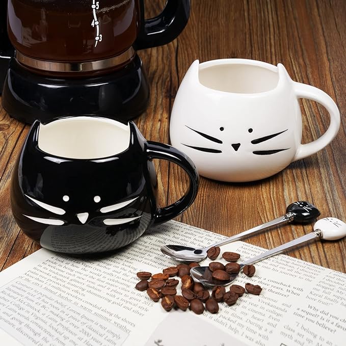 Koolkatkoo Cute Cat Mug Ceramic Coffee Mugs Set Gifts for Women Girls Cat Lovers Funny Small Cup with Spoon 12 oz Black and White