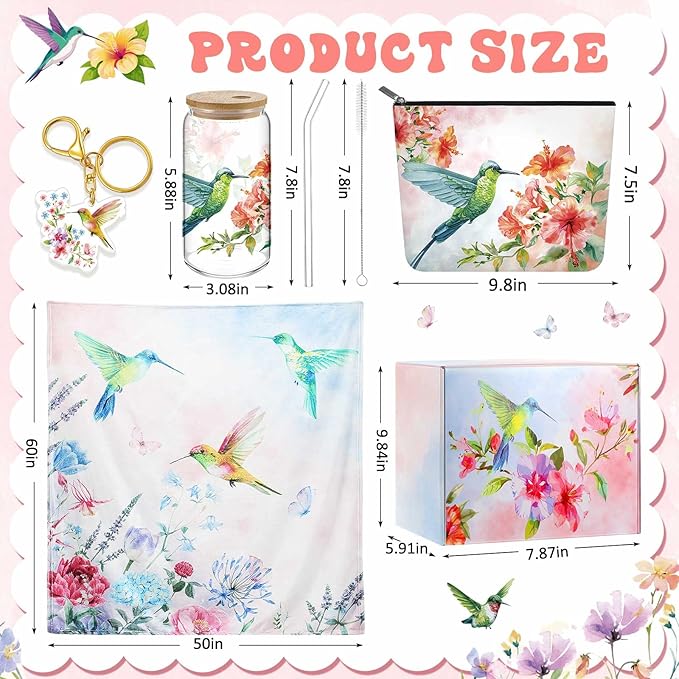 Paterr 6 Pcs Mother's Day Hummingbird Gifts for Women Mom, Canvas Tote Bag Makeup Bag Print Blanket Socks 16oz Glass Coffee Cup with Straw Cute Keychain for Birthday Girls Daughters Sister