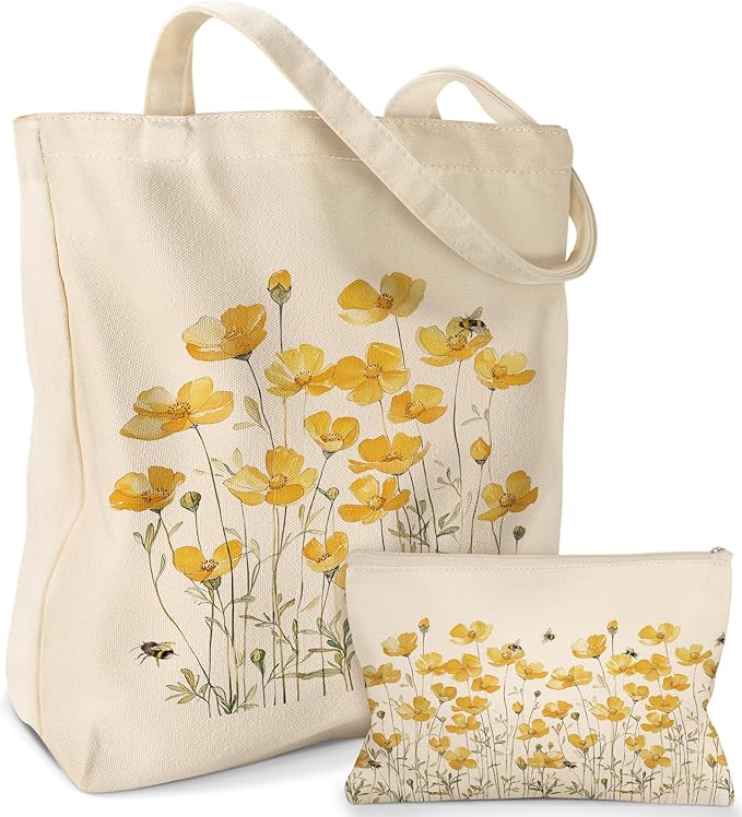 Miss Adola Aesthetic 2 Pack Canvas Tote Bag - with Makeup Zipper Pouch for Women Bag for Shopping, Gym, Travel, Vacation