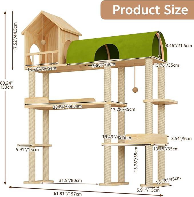 Cat Tree for Automatic Litter Box, 60Inch Large Cat Tower for Heavy Cats up to 22lbs, Solid Wood Cat Shelf with Condo, Space-Saving for Indoor Multi-Pet Households, Stops Furniture Scratching