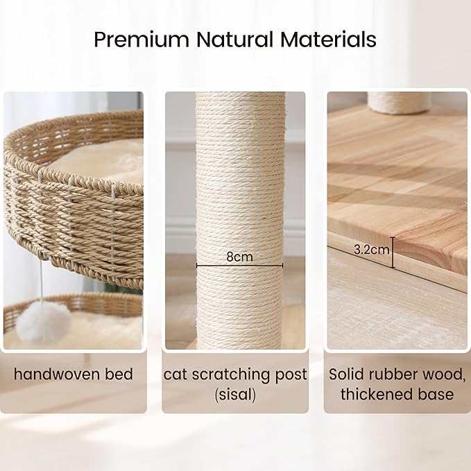 Solid Wood Cat Tree for Large Cats, 48-Inch Modern Cat Tower with Hand-Woven Baskets, Multi-Level Cat Condo with Sisal Scratching Posts, Sturdy Indoor Cat Furniture for Big Cats up to 20lbs