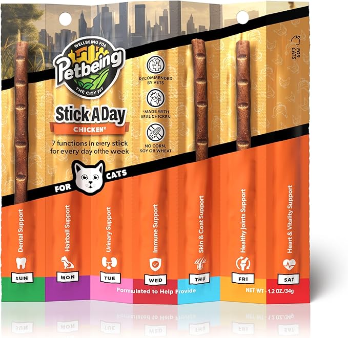 Stick a Day Cats | Specially Formulated 7-in-1 Functions Daily Real Meat Supplement for Cats | Cat Chew Stick & Pet Vitamins Supplements Combination (7-Pack x 4, Mix)