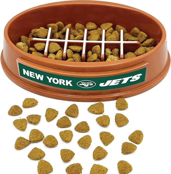 NFL Super-Bowl New York Jets Slow Feeder Dog & Cat Bowl. Football Design for Healthy Digestion. Non-Slip for Large & Small Pets