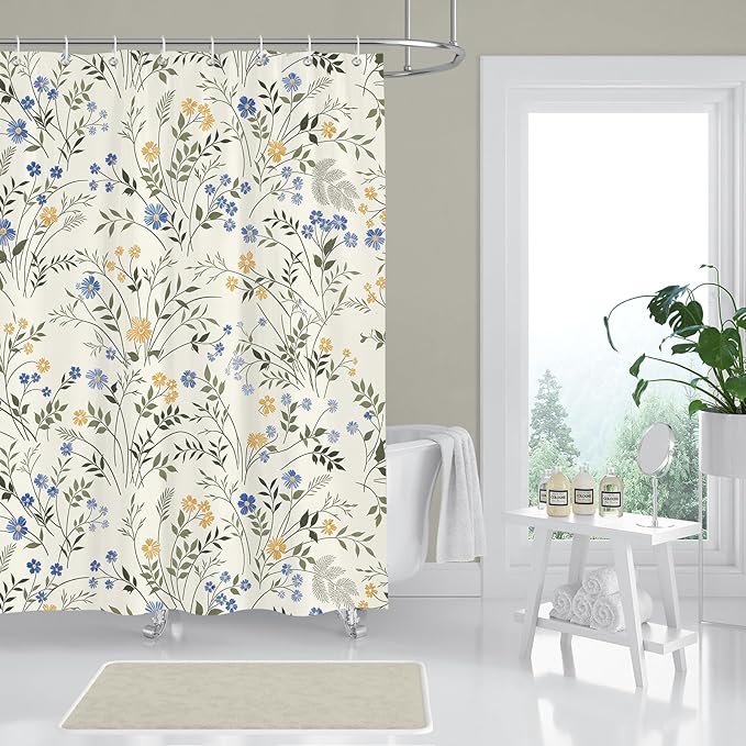 Country Wildflower Cute Shower Curtain,Blue and Yellow Floral Green Leaf Plant Spring Summer Botanical Plant Pattern, Waterproof Polyester Washable Bath Curtains with 12 Hooks,72 x 72 Inches