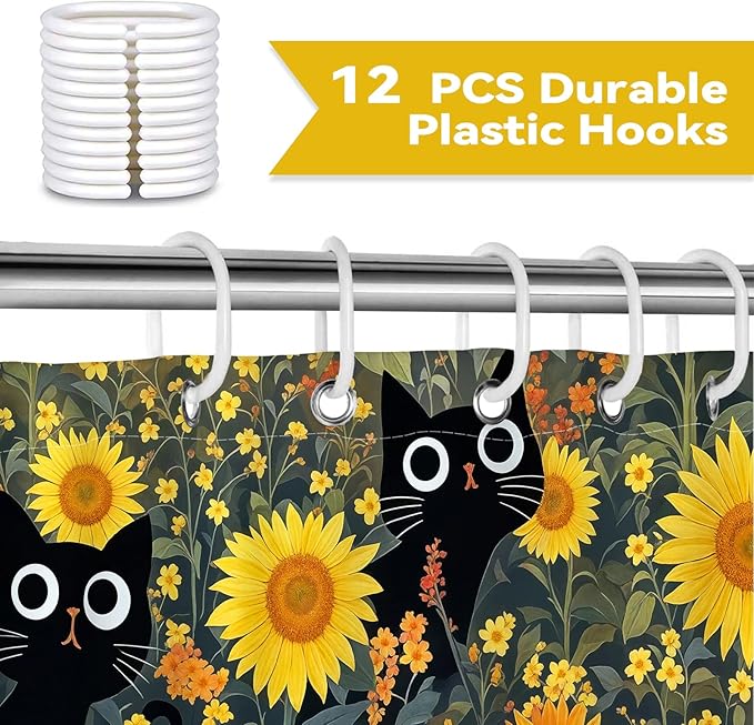 Funny Black Cat Sunflower Shower Curtain for Bathroom, Cute Yellow Floral Botanical Waterproof Polyester Bath Curtains with 12 Hooks,Spring Summer Farmhouse Decor,72 x 72 Inches