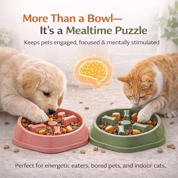 Slow Feeder Bowl for Small & Medium Cats & Dogs - Durable Slow Feeding Bowl with Non-Slip Base -Anti-Choking Puzzle Food Bowl for Dogs That Helps Mental Stimulation & Reduces Fast Eating-Yellow