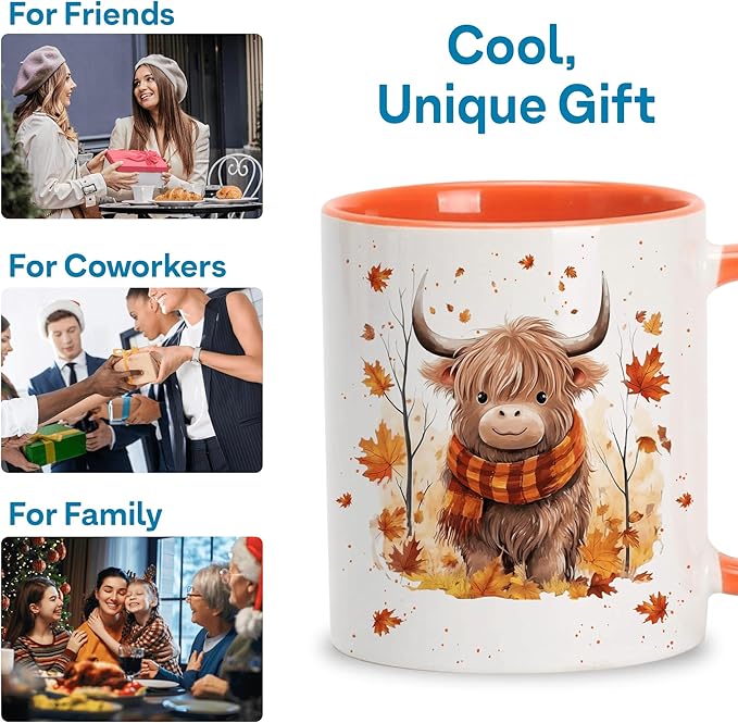 Hyturtle Fall Highland Cow Maple Leaves Coffee Mug - Birthday Gifts For Cow Lovers - Fall Autumn Decor Gifts For Farmhouse Thanksgiving - Highland Cows Gift - 11oz White Ceramic Coffee Tea Mug