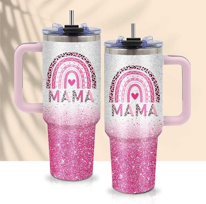 Gifts for Mom - Mama Tumbler 40 oz with Handle and Straw, Leak Proof Insulated Cup - Christmas, Mothers Day Present from Daughter Son, New Mom Gift