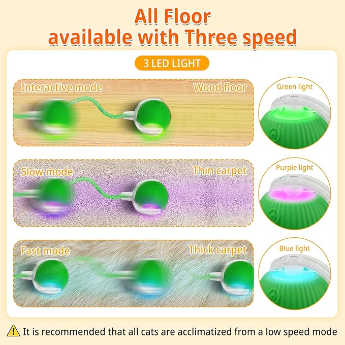 Interactive Cat Toys for Indoor Cats, Speedy 2.0 Cat Toy with Elastic Mesh Tail, Automatic Cat Toy for Bored Indoor Adult Cats, Rechargeable Smart Kitten Moving Ball Toys (Green)