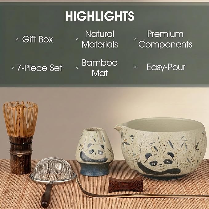 Matcha Whisk Set, 7-Piece Matcha Kit with Ceramic Bowl, Bamboo Whisk, Scoop, Sifter, Holder & Bamboo Mat – Premium Matcha Tea Set for Beginners & Matcha Lovers, Gift Ready