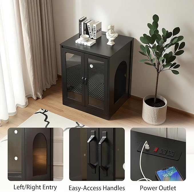 Cat Litter Enclosure with Cat-Viewing Glass Doors, Litter Cabinet with Power Outlet and Cozy LED Lights, Reversible and Optional Entry, Black