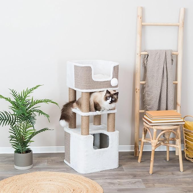 Trixie 39.8" Lucano Cat Tree, Indoor Cat Furniture with Jute Scratching Posts, Plush Condo, Interactive Toys - Taupe