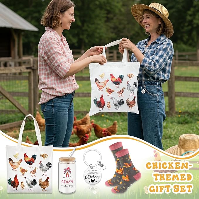 Paterr 4 Pcs Chicken Lover Gifts for Women, Funny Chicken Lady Gifts for Mother's Day Birthday Decorations, with Canvas Tote Bag 16oz Glass Coffee Cup with Straw Socks Cute Keychain