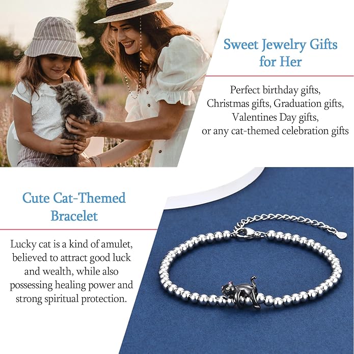 Cat Bracelet Gifts for Women - Stainless Steel Lucky Black Cat Themed Jewelry Presents, Cat Lover Lady Mom Gifts Idea for Christmas Stocking Stuffer