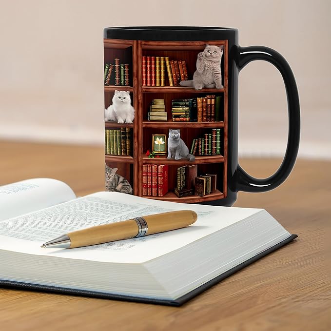 Cat Book Mugs - Coffee Mugs Lovers Gifts for Readers - Best Gift for Cat Lover - Reading Writer Women Tea Cups Library Bookshelf Mug 15oz - Black Chapter Book Mug(15oz-bookshelf)