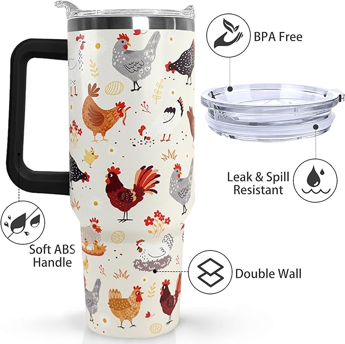 Ceovfoi 40 oz tumbler with handle,40 oz Chicken Tumbler with lid and Straw,Chicken Stainless Steel Cup Coffee Travel Mug,Chicken Gifts for Chicken Lovers,Rooster Stuff Decor Accessories