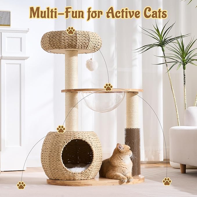38" Modern Cat Tree Tower for Indoor Cats, Solid Wood Cat Furniture with Handwoven Rattan Basket Bed & Cave, Capsule Nest, Sisal Scratching Posts and Self-Groomer, Space-Saving Cat Condo