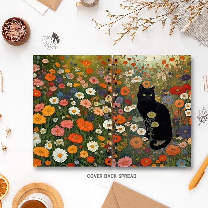 Wildflower Black Cat Notebook, Cats Lover Mom Lady Gifts, Black Kitten Floral Journal, Cat Office Supplies, Perfect Otebooks for School Officen 5.5x8.3 Inch