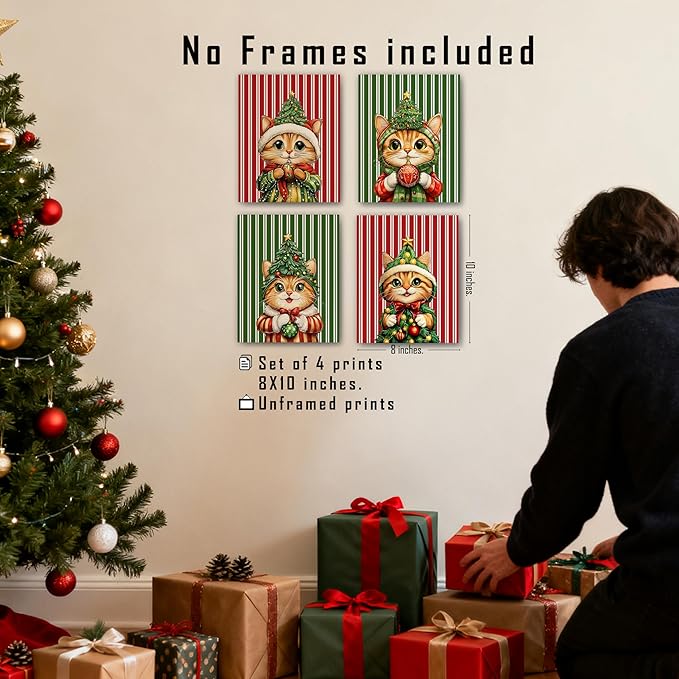 FITIE Funny Christmas Orange Cat Wall Art Posters Set of 4, Cat Christmas Decor, Red and Green Cute Xmas Tree Kitty Winter Holiday Canvas Prints Artwork Wall Decor for for Bedroom Home, 8x10 Unframed