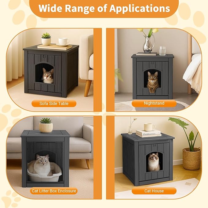 Cat Litter Box Enclosure, Plastic Hidden Litter Box Side Table with Openable Front Door, Cat Box Enclosure Cabinet for Indoor & Outdoor Use, Weatherproof, Easy to Clean & Assemble, Black