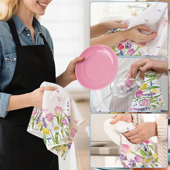 Hexagram Spring Kitchen Towels Sets of 2,Colorful Flower Hand Towels for Bathroom 18x28 Inch, Spring Farmhouse Home Decorations