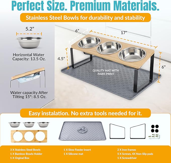 3 Bowl Cat Feeding Station-Cat Bowls Elevated-15° Tilted Cat Food Bowls-Raised Cat Bowls with Anti Slip Mat & Cat Slow Feeder Included–Anti-Vomiting Raised Slow Feeder Cat Bowl-Comedero para Gatos