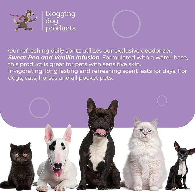 Dogs deodorizing spray - long-lasting dog cologne & pet odor eliminator - vanilla sweet pea scented pet perfume for smelly doggies - safe, refreshing grooming spray