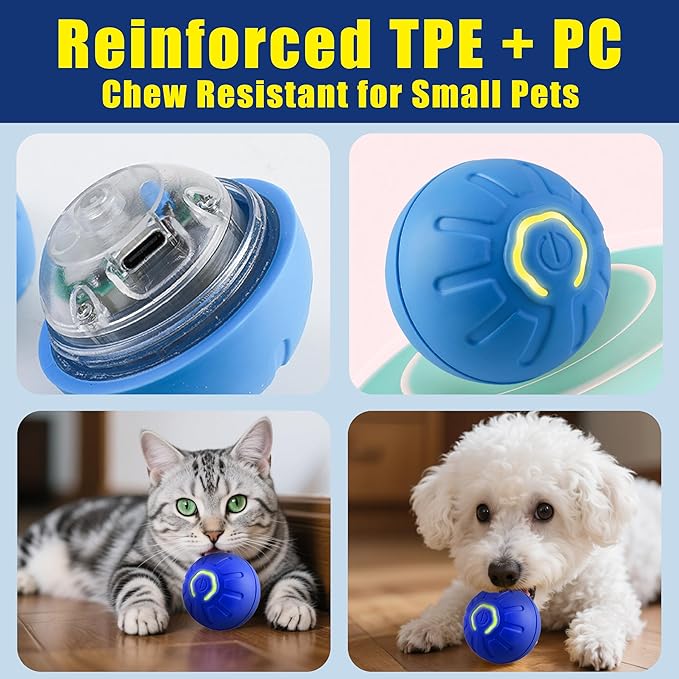 Interactive Self-Moving Pet Toy Ball - Motion-Activated Auto Rolling, Military-Grade Chew Resistant, USB-C Rechargeable for Small Dogs & Cats (Orange, Small) (Blue, Small)