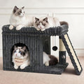 Cat Tree Tower Bed with Scratching Post for Indoor, Heavy Duty Small Stand House Condo for Large Cats & Kittens, Modern Sturdy Platform Perch Hideout Climb Rest Area, Dark Gray Striped Fabric