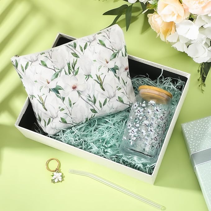 Hushee 3 Pcs Magnolia Theme Gifts For Mother Day Magnolia Makeup Bag and Glass Cup with Lid Straw Keychain Employee Appreciation Gifts for Friend Mom Coworker Staff
