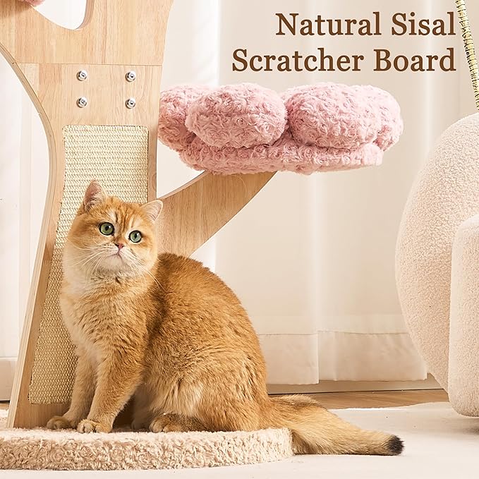 HITTITE Flower Cat Tree with Scratching Post, 48 Inches Cute Cat Tower with Wooden Branch Design, Aesthetic Modern Cat Climbing Tower with Flower Perches and Hanging Toy for Indoor Cats Large Adult.