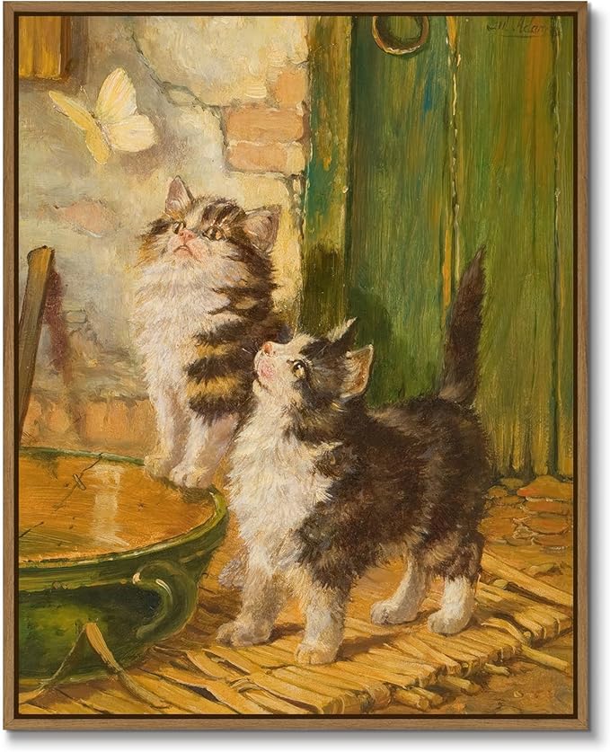 Funny Animals Wall Art Two Cute Baby Cats Watching Butterfly Pictures Wall Decor Aesthetic Poster Gifts for Cat Lover Modern Framed Artwork for Kids Room Bedroom Nursery Home Decoration - 8x10 Inch