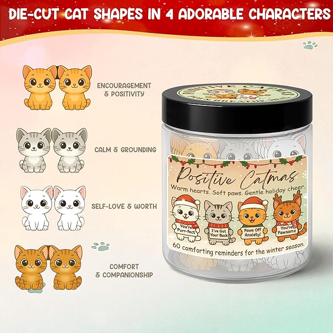 Positive Catmas Jar – 60 Affirmation Cards for Anxiety & Self Care, Gifts for People Who Love Cats, Cat Gifts for Women, Teens, Friends, Sisters, Emotional Support Cats, Christmas Gift Ideas Stocking Stuffers