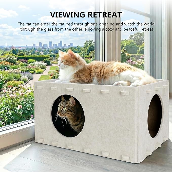 Cat House for Indoor Cats, Scratch Resistance Cat Cave Bed, Felt Peekaboo Cat Hideaway for Large & Multiple Cats Up to 22Lbs, Cream