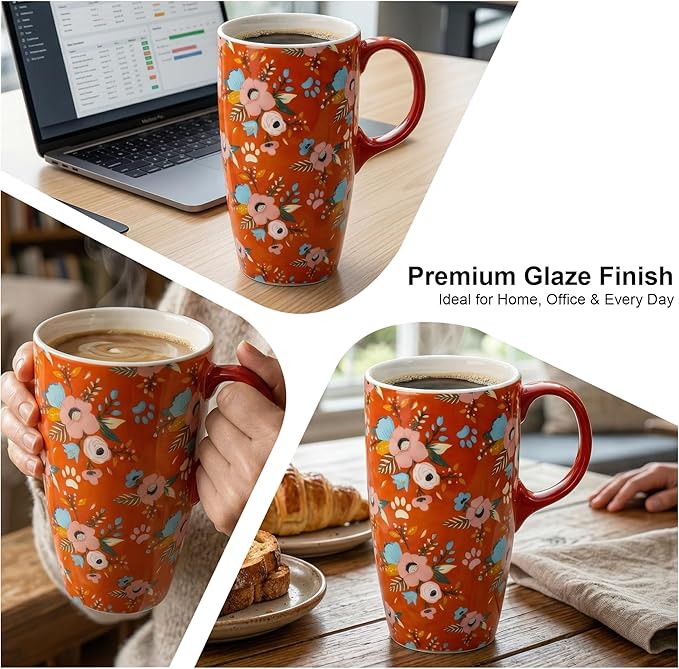 Topadorn 17oz Ceramic Travel Coffee Mug with Sealed Lid Tea Cup with Color Box, Microwave & Dishwasher Safe, Unique Coffee Mug for Latte & Hot Chocolate, Holiday Office Gift Her Him, Orange