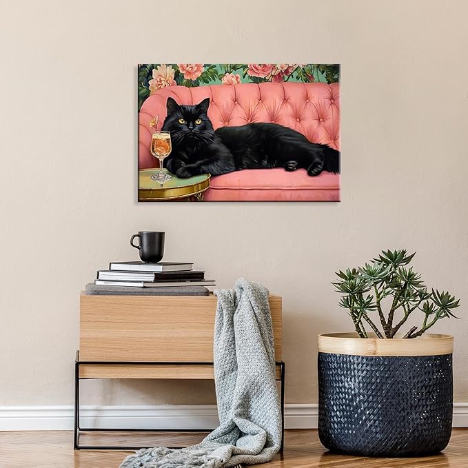Black Cat With Martini Wrapped Framed Print Poster Pet Art Bar Cart Decor Cat Lover Gift Wall Art Room Decor Aesthetics Ready To Hang 16X24 inch
