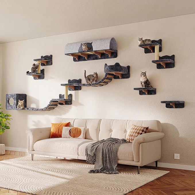 16-in-1 Cat Wall Shelves, Wall Mounted Cat Furniture Set w/Plush Fabric, Cat Climbing Wall Systems, Cats Shelf with 40''L Tunnel, Condos, House, Steps, Bridge Ladder & Scratching Post, Grey