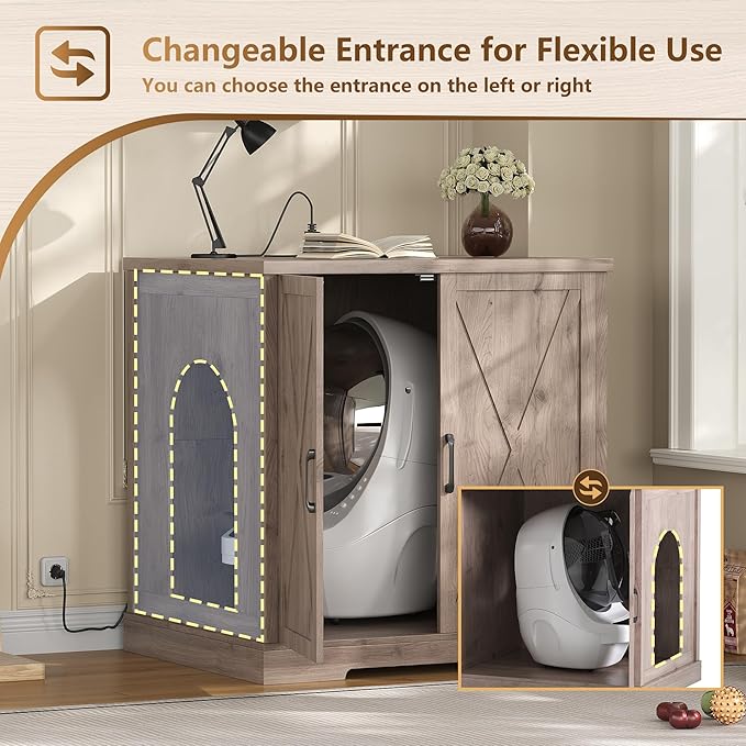 Hey-brother Enclosure for Self Cleaning Cat Litter Box, Large Hidden Litter Box Furniture with Charging Station, Suitable for Automatic Cats Litter Boxes and Robot, Vintage, Rustic Gray JCLB004SG