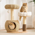 Modern Cat Tree Tower for Indoor Cats, 30" Solid Wood & Rattan Cat Tree Tower with Scratching Posts & Self-Groomer, Super Soft Plush Bed, Hand-Made Wicker Cat Bed Cave for Small to Medium Cats