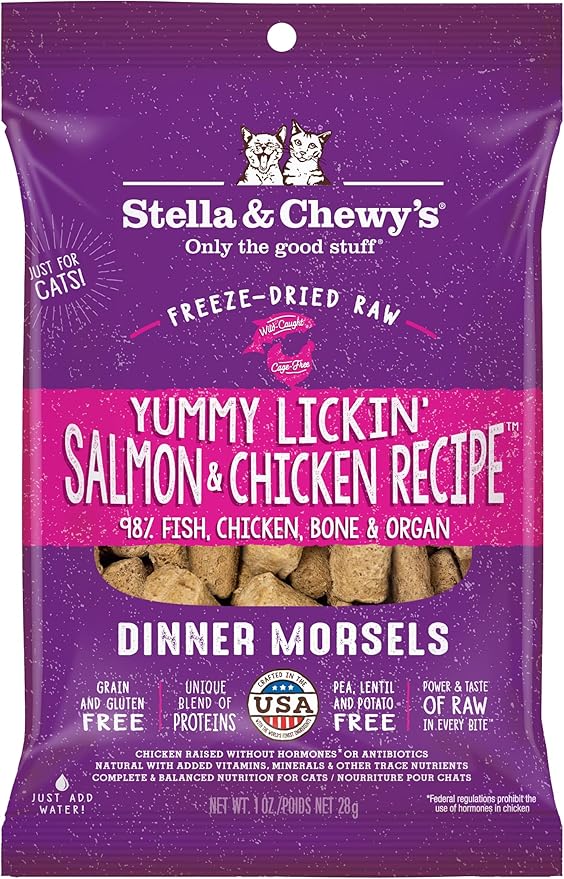 Stella & Chewy's Freeze-Dried Raw Cat Dinner Morsels - Premium Salmon & Chicken Recipe with 98% Wild-Caught & Cage-Free Protein - Natural Grain-Free Cat & Kitten Food - Made in USA - 1 oz (Pack of 6)