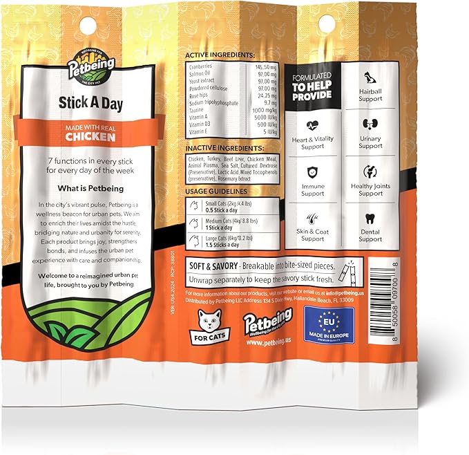 Stick a Day Cats | Specially Formulated 7-in-1 Functions Daily Real Meat Supplement for Cats | Cat Chew Stick & Pet Vitamins Supplements Combination (7-Pack x 4, Chicken)