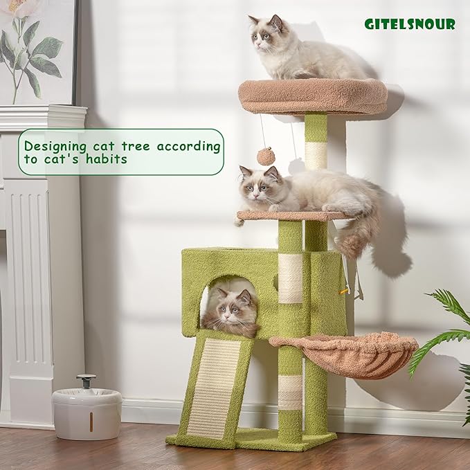 Gitelsnour Cat Tree, 42.1" Cat Tower for Indoor Kittens with Scratching Board and Posts, Multi-Level Cozy Cat Condo with 2 Perches, Hammock, Balls, Green and Yellow GCT005SGY